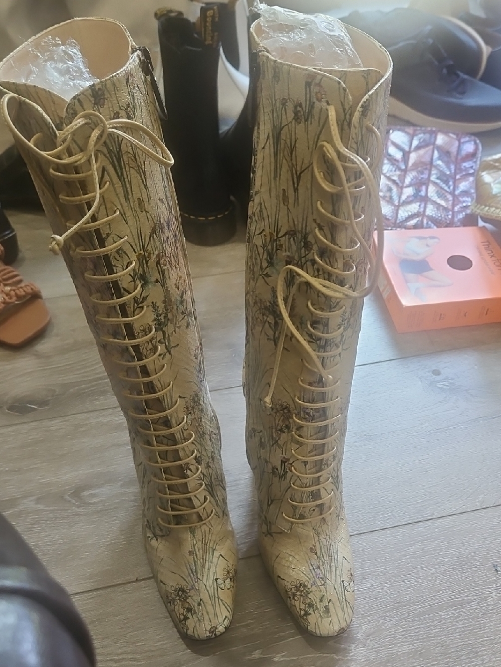 Bottega Veneta Floral Lace-Up Knee-High Boots in Cream Multi Color Size 37